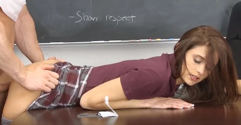 Schoolgirl with small boobs jumps on a dick