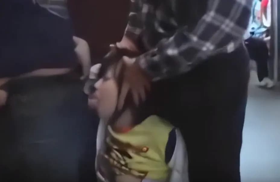 Asian was put on their knees and fucked in the mouth at work